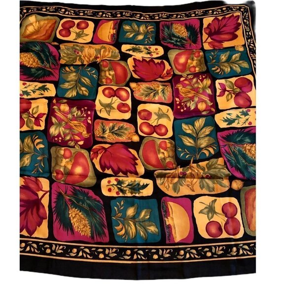 Basha Scarves Womens Black Green Maroon Fruit Pineapple Bird Scarf - Picture 2 of 4